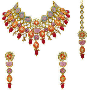 Sujwel Kundan and Meenakari with Floral Design Necklace Set (08-0115) - Sujwel