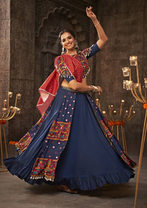 Blue Thread Embroidered With Mirror Work Viscose Rayon Traditional  Lehenga Choli