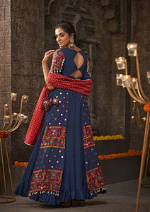 Blue Thread Embroidered With Mirror Work Viscose Rayon Traditional  Lehenga Choli