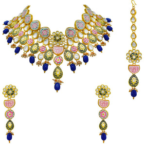 Sujwel Kundan and Meenakari with Floral Design Necklace Set (08-0115) - Sujwel