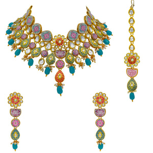 Sujwel Kundan and Meenakari with Floral Design Necklace Set (08-0115) - Sujwel