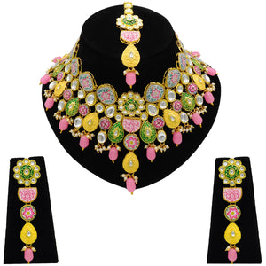 Sujwel Kundan and Meenakari with Floral Design Necklace Set (08-0115) - Sujwel