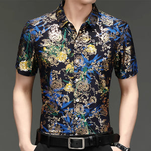 Men's summer loose iron-free casual short-sleeved silk shirt