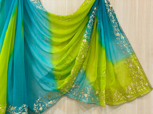 Blue and Green Chiffon Saree