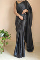 Black Satin Silk Saree With Handmade Tassels On Pallu