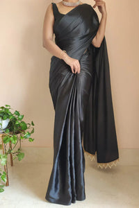 Black Satin Silk Saree With Handmade Tassels On Pallu