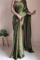 Olive Green Satin Silk Saree With Handmade Tassels On Pallu