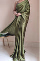 Olive Green Satin Silk Saree With Handmade Tassels On Pallu