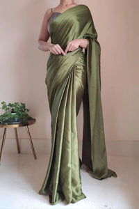 Olive Green Satin Silk Saree With Handmade Tassels On Pallu