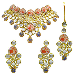 Gold  Kundan Design Choker Necklace Set For Women