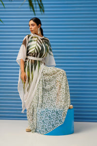 White colored digital printed kaaftan saree