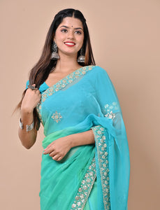 Indriya Blue & Green  Chiffon Saree