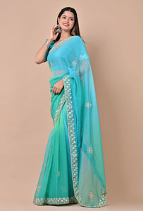 Indriya Blue & Green  Chiffon Saree