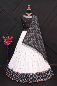 White  Colour Maslin Cotton With Digital Print Real Mirror Navratri  Special Lehenga Choli Set