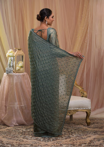 Sea Green Silver Stonework Crepe Saree-Koskii