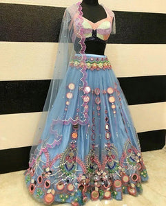 Sky blue Party Wear Mirror Work Designer Lehenga