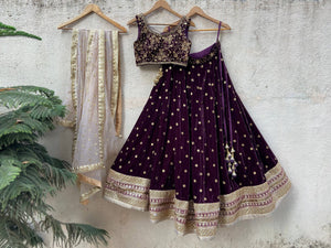 Wine Velvet Embroidered Lehenga Set - WaliaJones