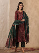 Rang Deep Red & Green  Print Cotton Set of Kurti With Pant & Dupatta