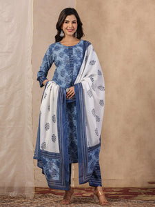 Rang Deep Blue  Print Cotton Set of Kurti With Plazzo & Dupatta