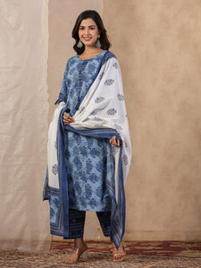 Rang Deep Blue  Print Cotton Set of Kurti With Plazzo & Dupatta