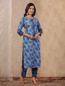 Rang Deep Blue  Print Cotton Set of Kurti With Plazzo & Dupatta