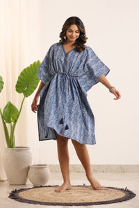 Indigo  Pure Cotton Floral Printed Kaftan Nightdress