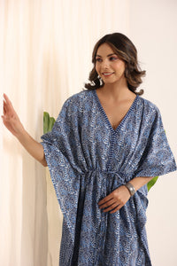 Indigo  Pure Cotton Floral Printed Kaftan Nightdress