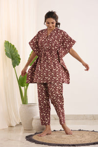 Red  Cotton Printed Kaftan and Pajama Set