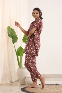 Red  Cotton Printed Kaftan and Pajama Set