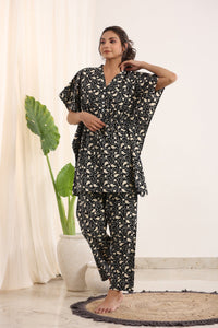 Black Cotton Printed Kaftan and Pajama Set