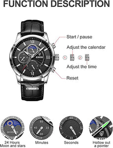 GOOD WATCH-Mens Watches Waterproof Chronograph Stainless Steel Dial Analog Quartz Wristwatch Fashion Casual Leather Gents Watch