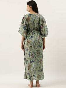 Green Cotton Printed Kaftan Maxi Dress