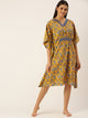 Mustard Yellow Pure Cotton Floral Printed Kaftan Nightdress