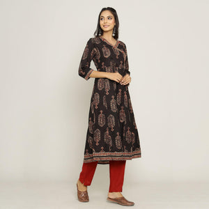 Rang Deep Women Set of Black & Red Cotton Kurti With Palazzo