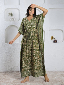 Green Cotton Printed Kaftan Maxi Dress