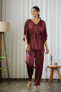 Wine Satin Kaftan Set