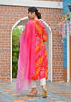 Rang Deep Pink Bhandej Print Cotton Set of Kurti With Pant & Dupatta