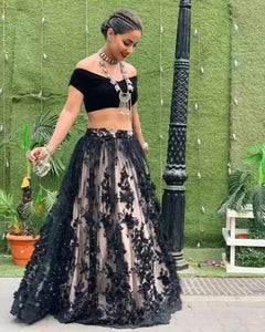 Black Embroidered Semi Stitched Lehenga Choli and Dupatta Set