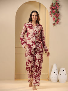 Red maroon Printed Full sleeves Cotton Night suit