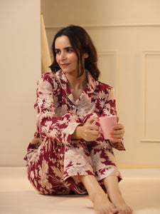 Red maroon Printed Full sleeves Cotton Night suit