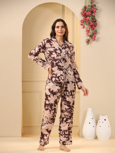 Brown Printed Full sleeves Cotton Night suit