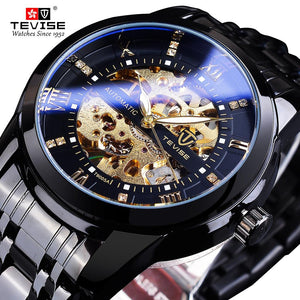 GOOD WATCH- Diamond Design Black Gold Mechanical Watch Top Brand Automatic Clock Fashion Luxury Skeleton Waterproof Wrist Watch