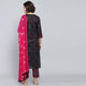 Rang Deep Black Pink Print Cotton Set of Kurti With Pant & Dupatta