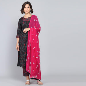 Rang Deep Black Pink Print Cotton Set of Kurti With Pant & Dupatta