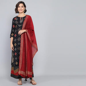 Rang Deep Black Red  Print Cotton Set of Kurti With Plazzo & Dupatta