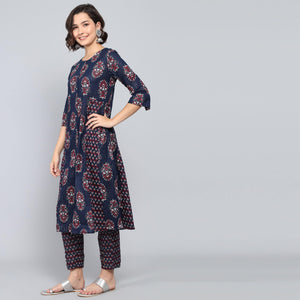 Rang Deep Midnight Blue  Print Cotton Set of Kurti With Pant & Dupatta