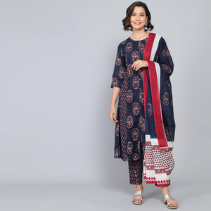 Rang Deep Midnight Blue  Print Cotton Set of Kurti With Pant & Dupatta