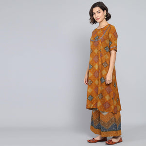 Rang Deep Ochre  Print Cotton Set of Kurti With Plazzo & Dupatta