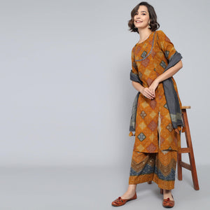 Rang Deep Ochre  Print Cotton Set of Kurti With Plazzo & Dupatta