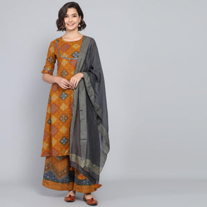 Rang Deep Ochre  Print Cotton Set of Kurti With Plazzo & Dupatta